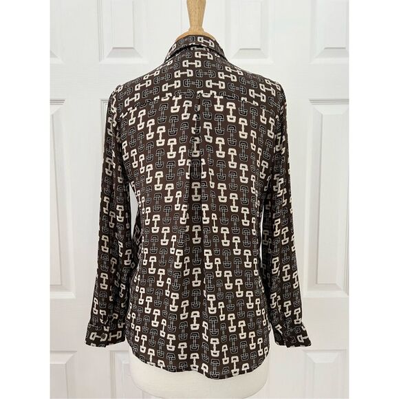 L'Agence Nina Horsebit Brown Ivory Buckle Print Button-Up Silk Blouse Size XS - Picture 6 of 9